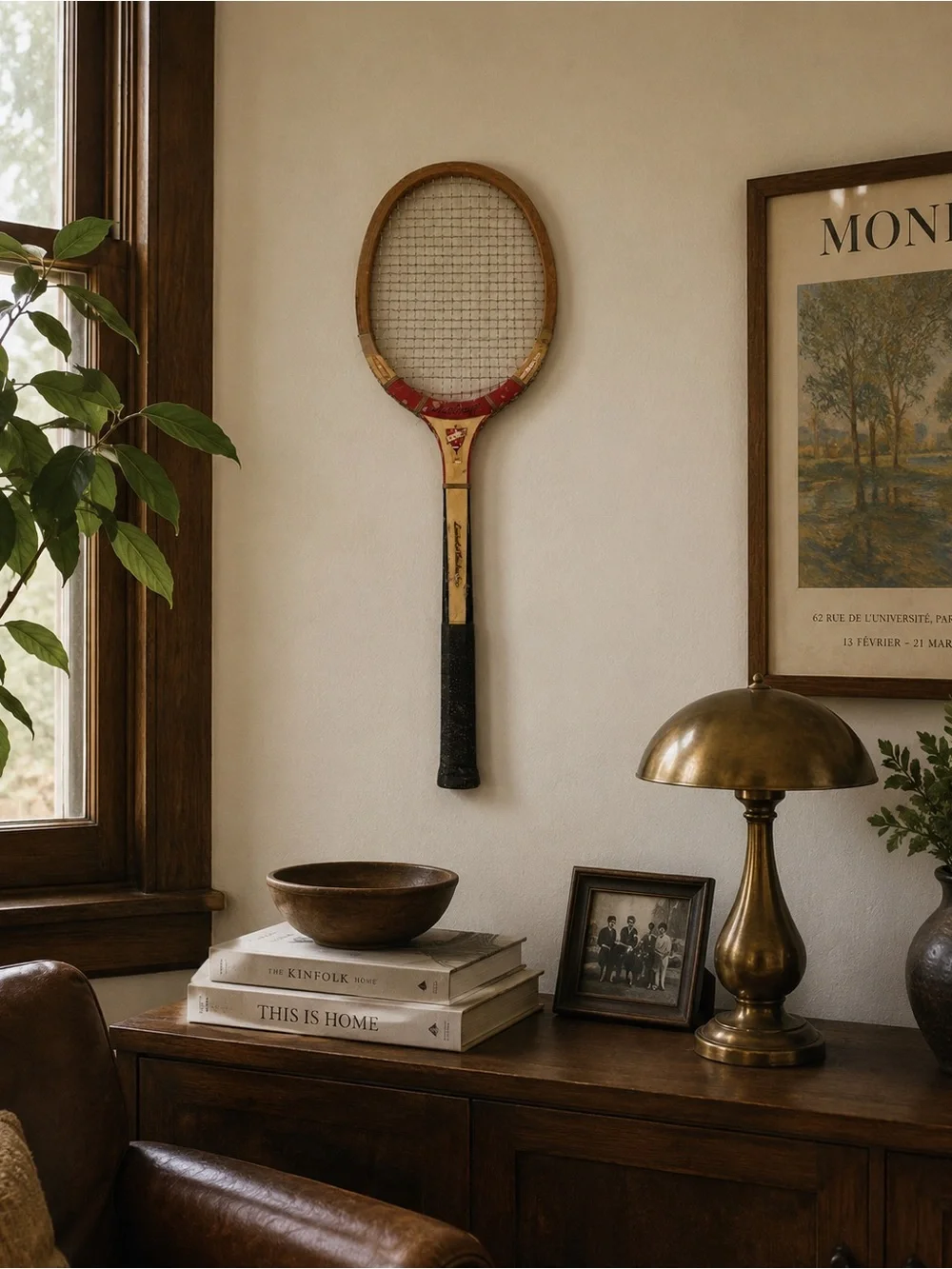 Vintage Wooden Tennis Racket Wall Decor - Red, Black, Natural
